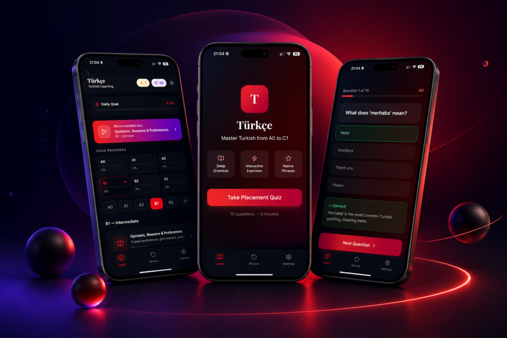 Three smartphones displaying Turkish learning app screens from EkLab
