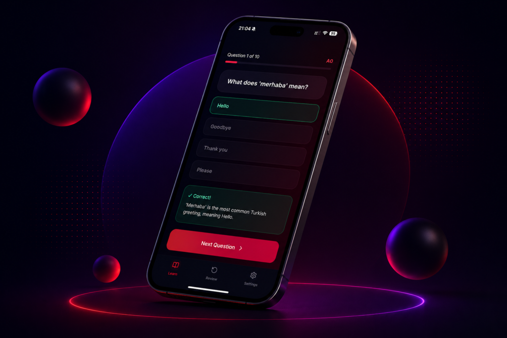Smartphone displaying language learning quiz app interface